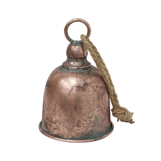 Copper bell with a rope on a white background