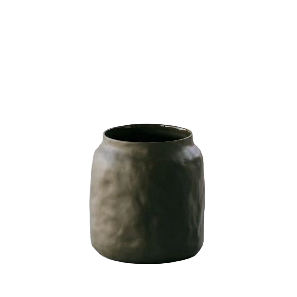 Khaki ceramic pot on white bacground