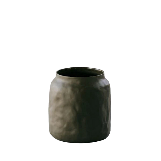Khaki ceramic pot on white bacground