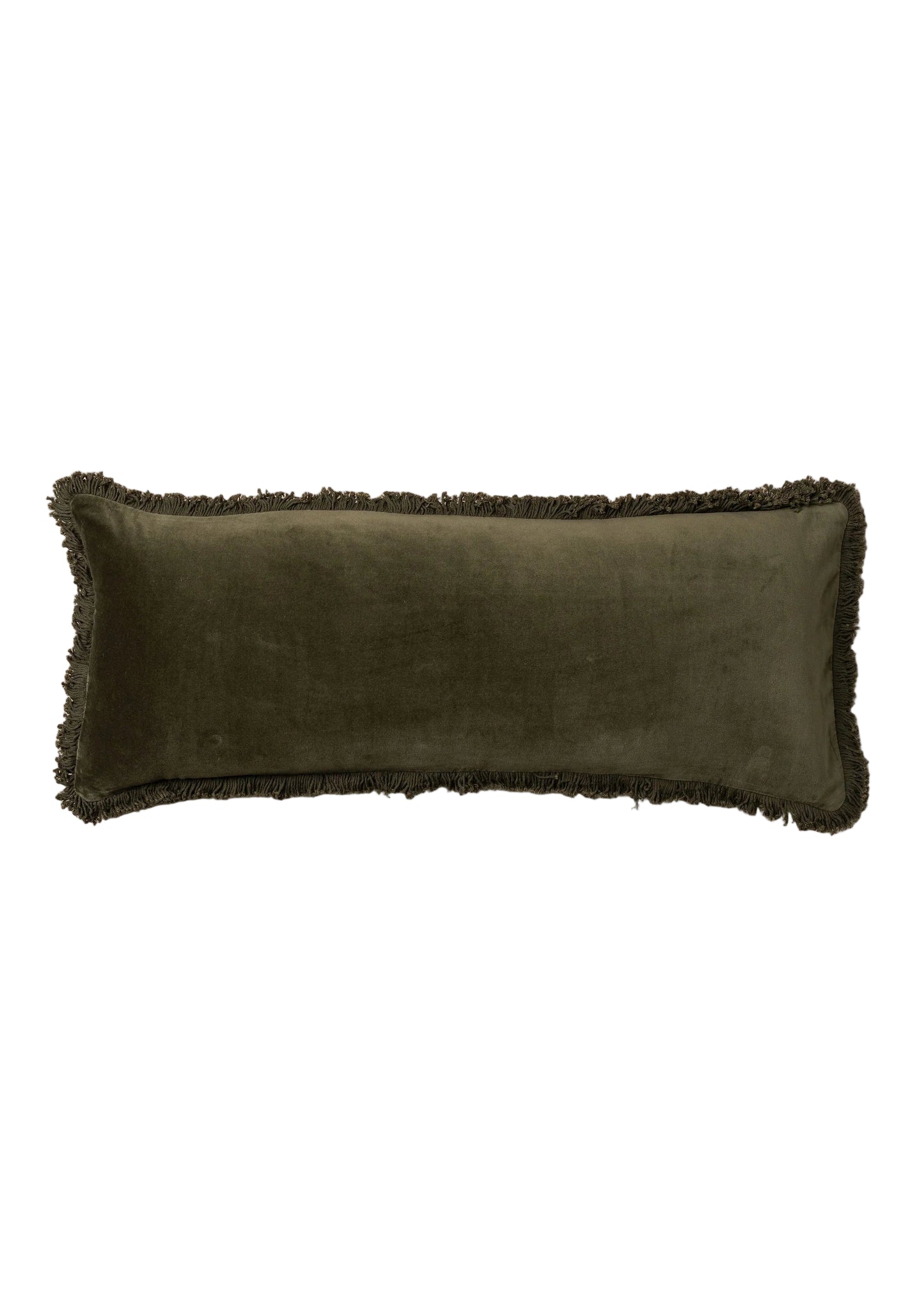 Green pillow with frayed edges on a white background