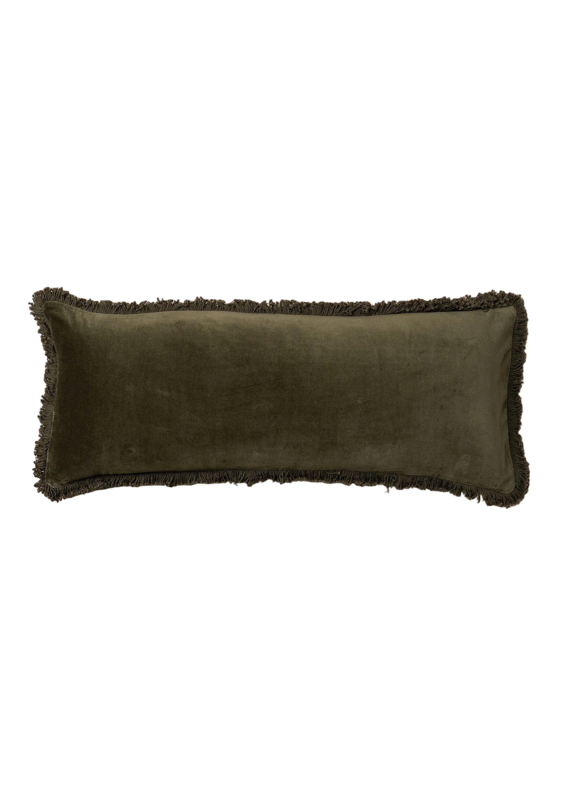 Green pillow with frayed edges on a white background