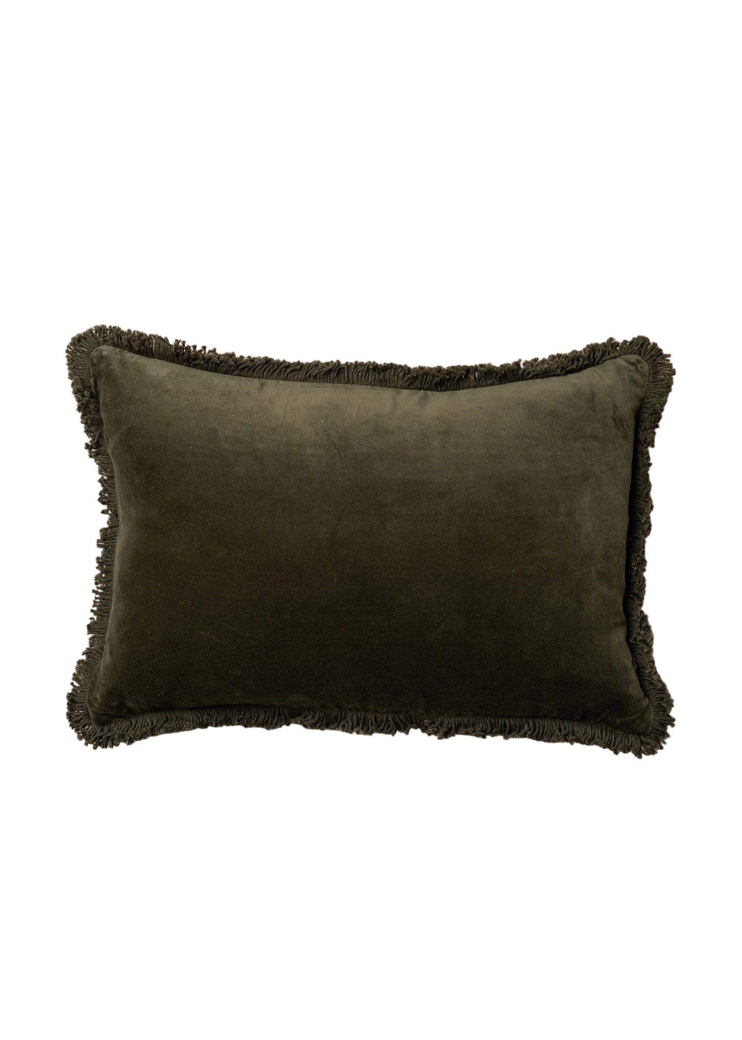 Green cushion with frayed edges on a white background